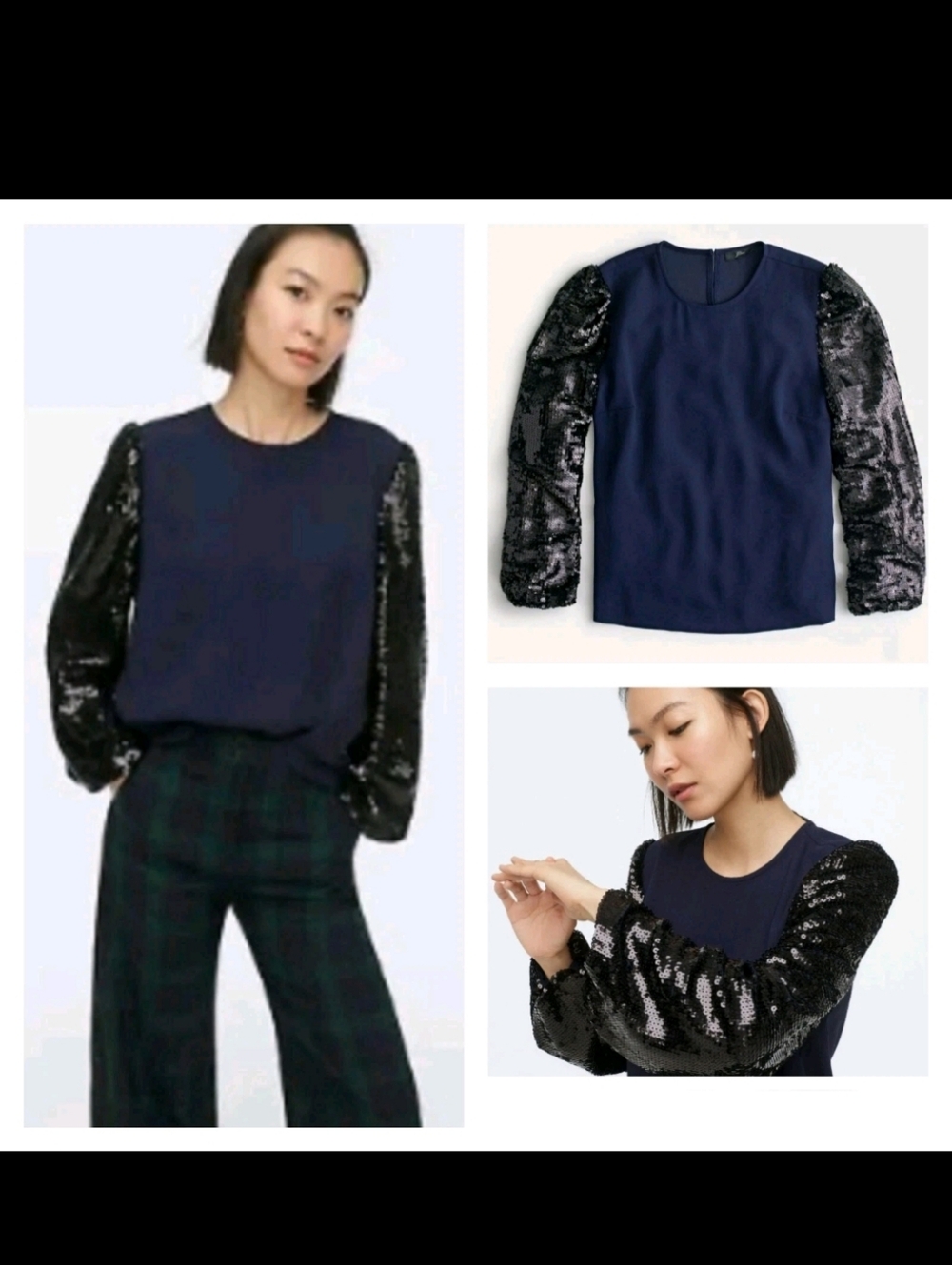 J Crew Sequined Sleeve Navy Women's Top Small S